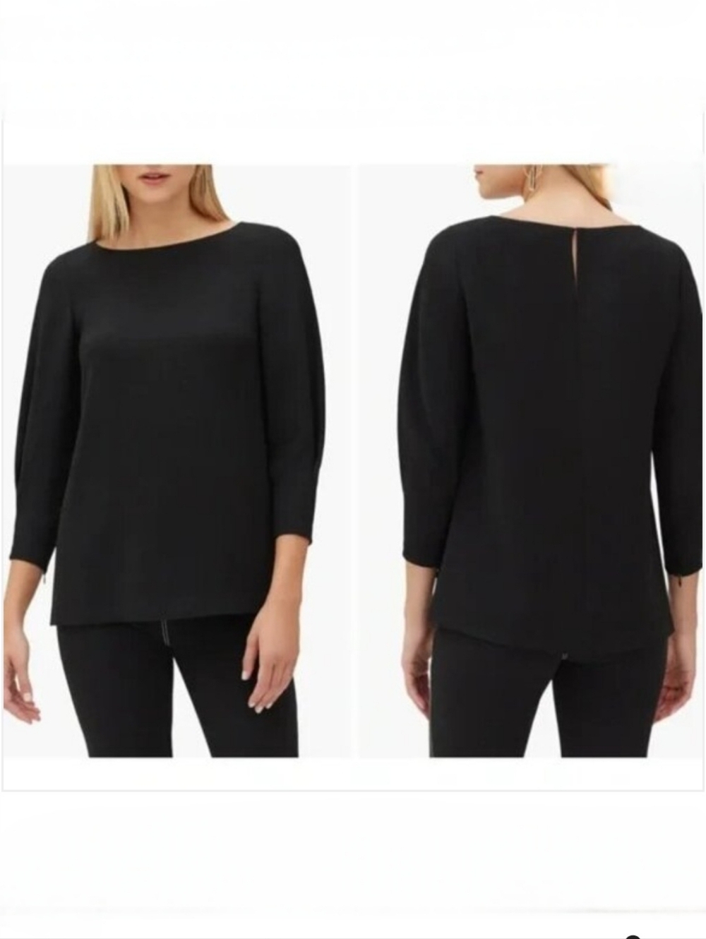 Lafayette 148 Black Caddie Finesse Crepe Blouse Tunic 3/4 Sleeve